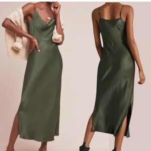 Anthropologie Olive Green Satin Midi Dress